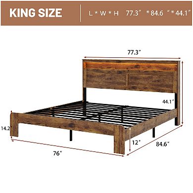 King Size Wood Platform Bed Frame with Storage LED Light Headboard and 2 USB