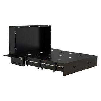 Black Queen Murphy Bed Cabinet with Charging Station & Storage,Black Foldable for Guest Room