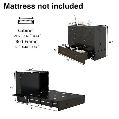 Black Queen Murphy Bed Cabinet with Charging Station & Storage,Black Foldable for Guest Room