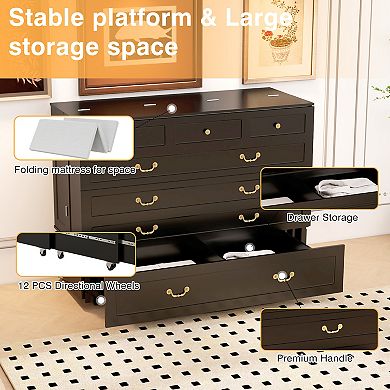 Black Queen Murphy Bed Cabinet with Charging Station & Storage,Black Foldable for Guest Room