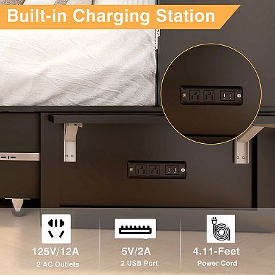 Black Queen Murphy Bed Cabinet with Charging Station & Storage,Black Foldable for Guest Room