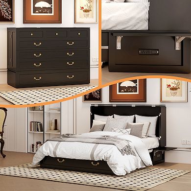 Black Queen Murphy Bed Cabinet with Charging Station & Storage,Black Foldable for Guest Room