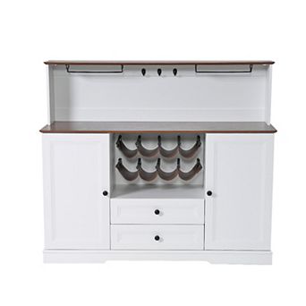 55.5" Farmhouse Coffee Bar Cabinet with LED Lights and 2 Layers Tabletops, Wine Bar Cabinet