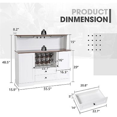 55.5" Farmhouse Coffee Bar Cabinet with LED Lights and 2 Layers Tabletops, Wine Bar Cabinet