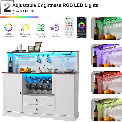 55.5" Farmhouse Coffee Bar Cabinet with LED Lights and 2 Layers Tabletops, Wine Bar Cabinet