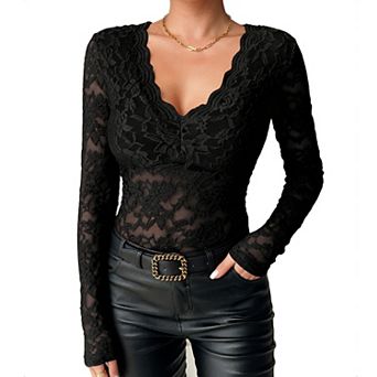 Women's Sheer Floral Lace Long Sleeve V-Neck Blouse - Slim-Fit Elegant Party Casual Top