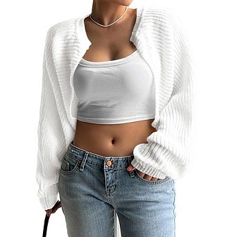 Women's Plus Cropped Cardigan Open Front Bolero Shrug Sweater Long Sleeve Knit Cut Y2K Fall Tops