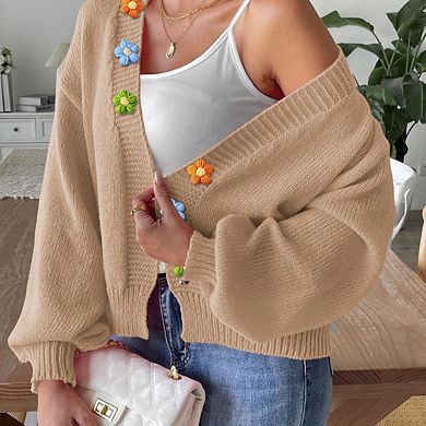 Women's Cropped Cardigan Sweaters Boho Crochet Floral Embroidery Oversized Open Front Knit Sweater