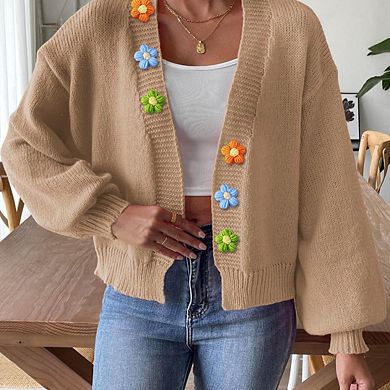 Women's Cropped Cardigan Sweaters Boho Crochet Floral Embroidery Oversized Open Front Knit Sweater