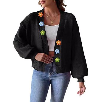 Women's Cropped Cardigan Sweaters Boho Crochet Floral Embroidery Oversized Open Front Knit Sweater