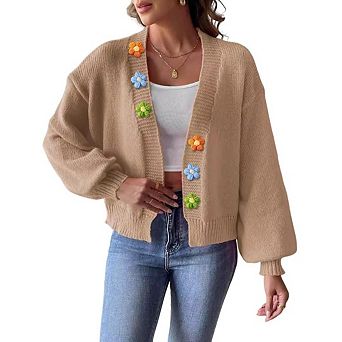 Women's Cropped Cardigan Sweaters Boho Crochet Floral Embroidery Oversized Open Front Knit Sweater