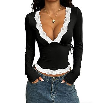 Women's Lace Long Sleeve T-Shirt Slim Fit Casual Top Elegance Lace Trim Blouse