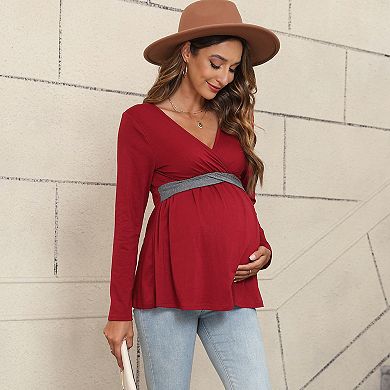 Women's Maternity Fall Casual Long Sleeve Wrap V-Neck Top Flowy Swing Soft Top Pregnancy Blouse
