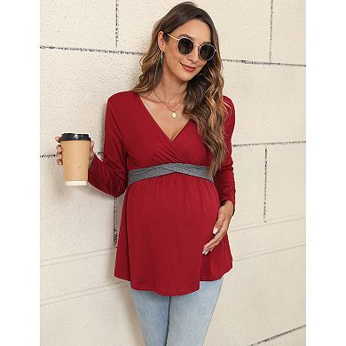 Women's Maternity Fall Casual Long Sleeve Wrap V-Neck Top Flowy Swing Soft Top Pregnancy Blouse