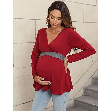 Women's Maternity Fall Casual Long Sleeve Wrap V-Neck Top Flowy Swing Soft Top Pregnancy Blouse