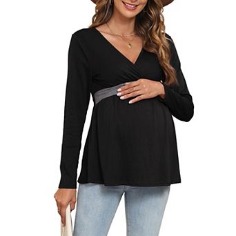 Women's Maternity Fall Casual Long Sleeve Wrap V-Neck Top Flowy Swing Soft Top Pregnancy Blouse