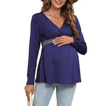 Women's Maternity Fall Casual Long Sleeve Wrap V-Neck Top Flowy Swing Soft Top Pregnancy Blouse