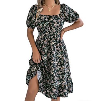 Women's Floral Midi Dress Summer Square Neck Puff Sleeve Smocked Dress