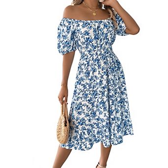 Women's Floral Midi Dress Summer Square Neck Puff Sleeve Smocked Dress