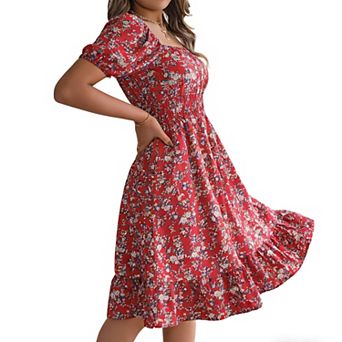 Women's Floral Midi Dress Summer Square Neck Puff Sleeve Smocked Dress