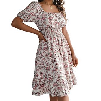 Women's Floral Midi Dress Summer Square Neck Puff Sleeve Smocked Dress