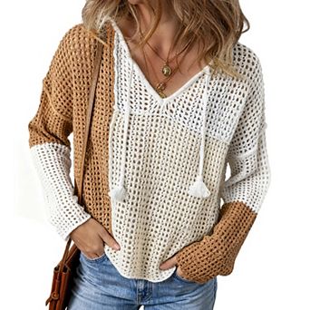 Women's Color Block Crochet Sweater - V-Neck Long Sleeve Casual Pullover Top