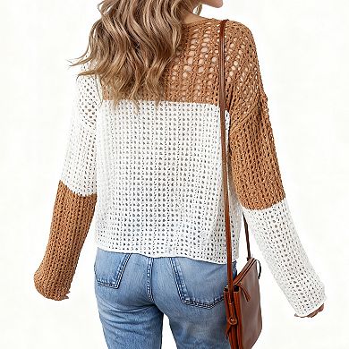 Women's Color Block Crochet Sweater - V-Neck Long Sleeve Casual Pullover Top