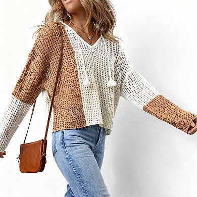 Women's Color Block Crochet Sweater - V-Neck Long Sleeve Casual Pullover Top