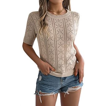 Womens Short Sleeve Tops Casual Knit Hollow Sweaters Comfy Crew Neck Summer Shirts