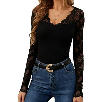 Women's Lace Long Sleeve V-Neck Ribbed Top - Slim-Fit Elegant Casual Blouse