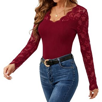 Women's Lace Long Sleeve V-Neck Ribbed Top - Slim-Fit Elegant Casual Blouse