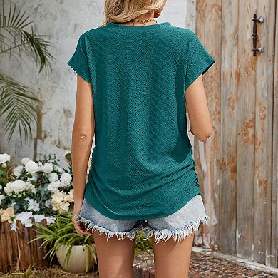 Women's Summer V Neck Short Sleeve Blouse Eyelet Casual Top