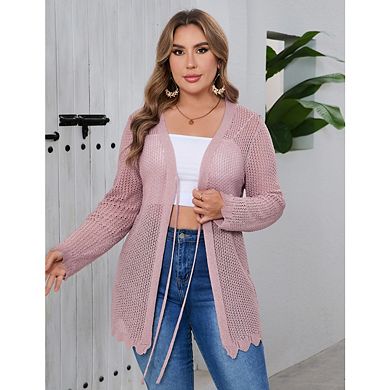 Women's Plus Size Crochet Cardigan Lightweight Tie Front Hollow Out Long Sleeves Knit Cover Coat