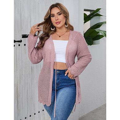 Women's Plus Size Crochet Cardigan Lightweight Tie Front Hollow Out Long Sleeves Knit Cover Coat