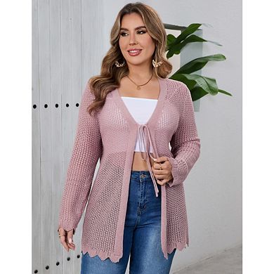 Women's Plus Size Crochet Cardigan Lightweight Tie Front Hollow Out Long Sleeves Knit Cover Coat