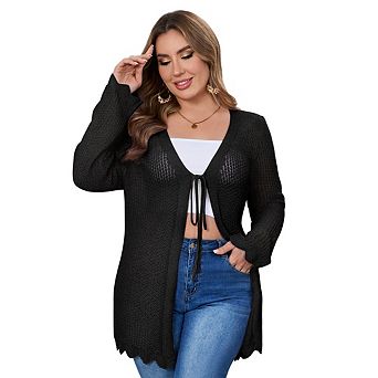 Women's Plus Size Crochet Cardigan Lightweight Tie Front Hollow Out Long Sleeves Knit Cover Coat