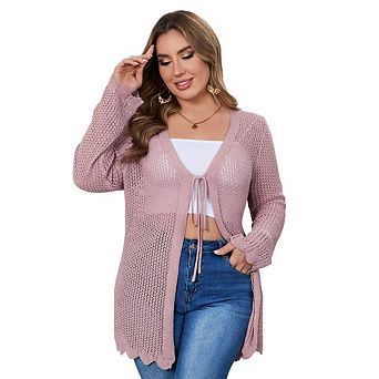 Women's Plus Size Crochet Cardigan Lightweight Tie Front Hollow Out Long Sleeves Knit Cover Coat