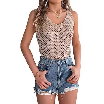 Womens Tank Tops V Neck Hollow Out Sleeveless Flowy Loose Fit Basic Casual Summer Tops