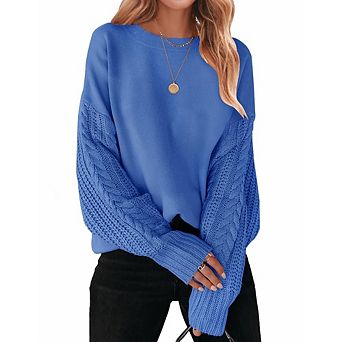 Womens Oversize Long Sleeve Crew Neck Cable Knit Chunky Casual Fall Winter Pullover Sweater Tops