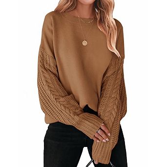 Womens Oversize Long Sleeve Crew Neck Cable Knit Chunky Casual Fall Winter Pullover Sweater Tops