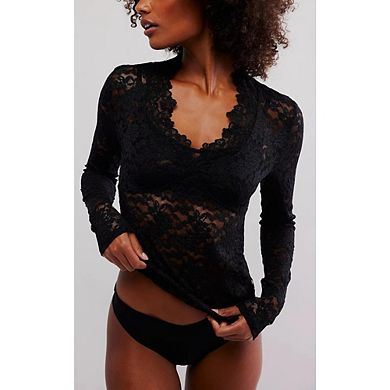 Lace Floral Mesh Tops for Women's Long Sleeve Deep V Neck Sheer Causal Blouse Going Out Top