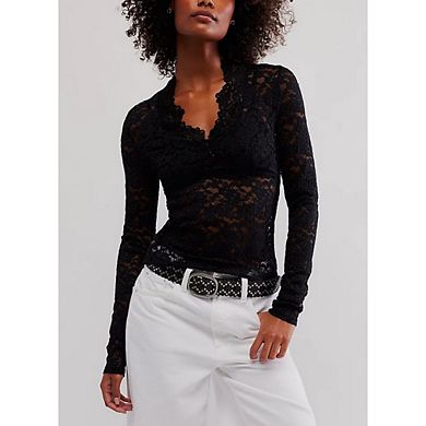 Lace Floral Mesh Tops for Women's Long Sleeve Deep V Neck Sheer Causal Blouse Going Out Top