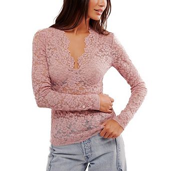 Lace Floral Mesh Tops for Women's Long Sleeve Deep V Neck Sheer Causal Blouse Going Out Top
