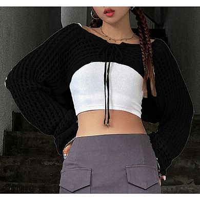 Women's Long Sleeve Crochet Shrug Tie Front Cropped Cardigan Sweaters