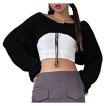 Women's Long Sleeve Crochet Shrug Tie Front Cropped Cardigan Sweaters