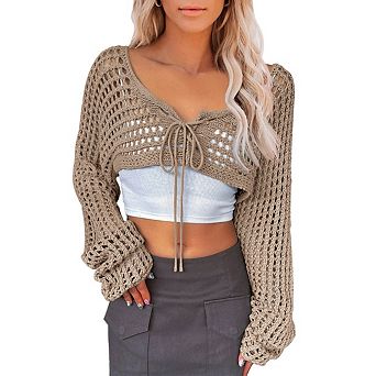 Women's Long Sleeve Crochet Shrug Tie Front Cropped Cardigan Sweaters