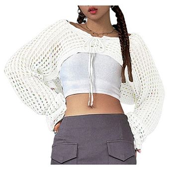 Women's Long Sleeve Crochet Shrug Tie Front Cropped Cardigan Sweaters