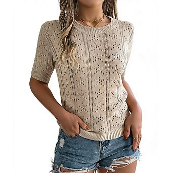 Women's Eyelet Knit Top Short Sleeve Crewneck Sweater Blouse