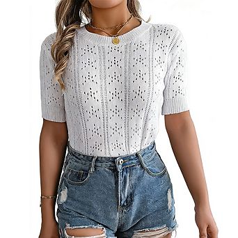 Women's Eyelet Knit Top Short Sleeve Crewneck Sweater Blouse