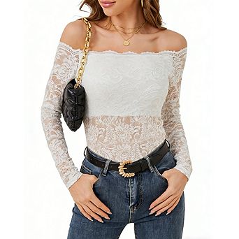 Women's Off Shoulder Lace Long Sleeve Tunics Sheer Lace Top Slim Fit Elegant Night Party Blouse